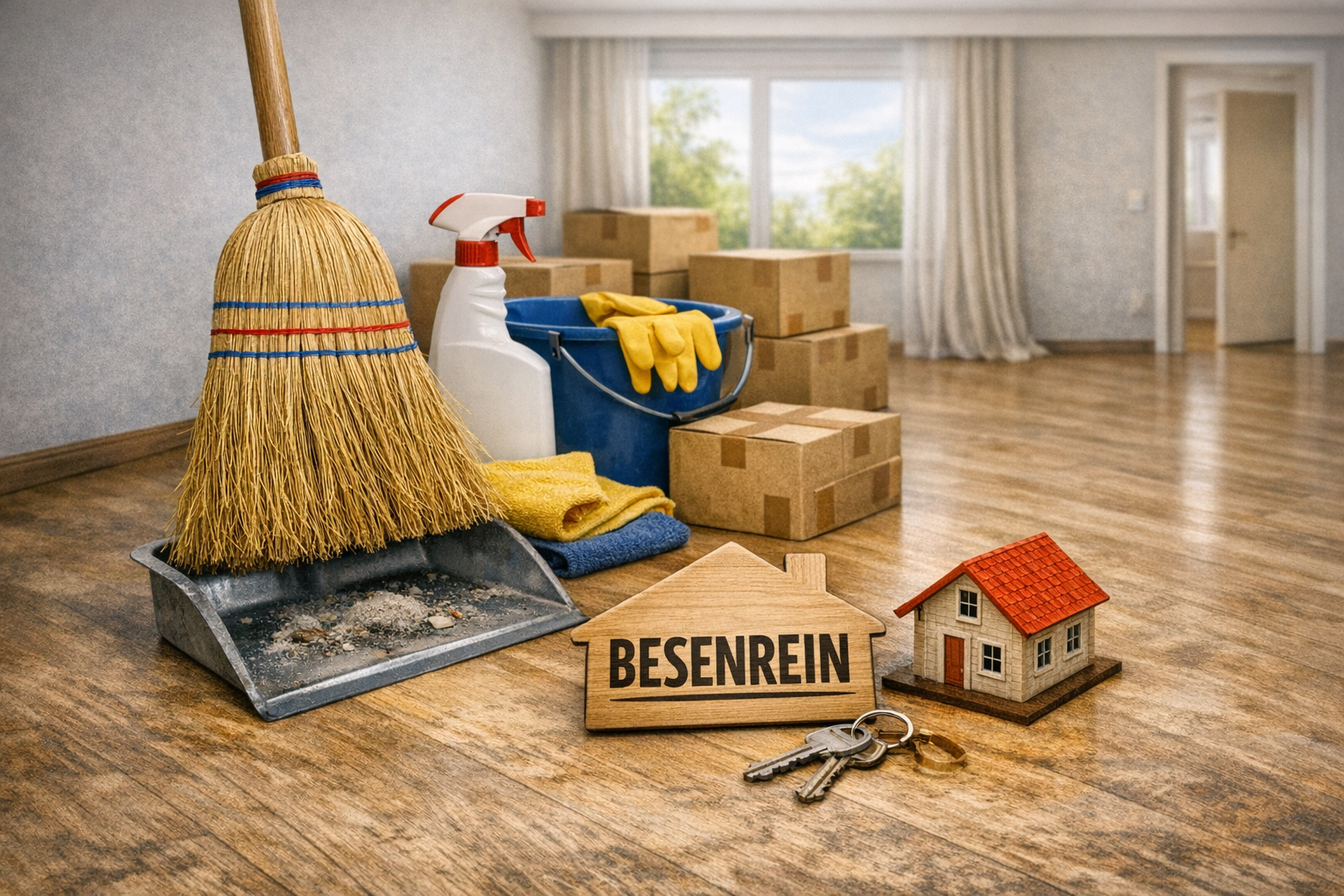 Besenrein hinterlassene Wohnung mit Reinigungsutensilien nach Entrümpelung