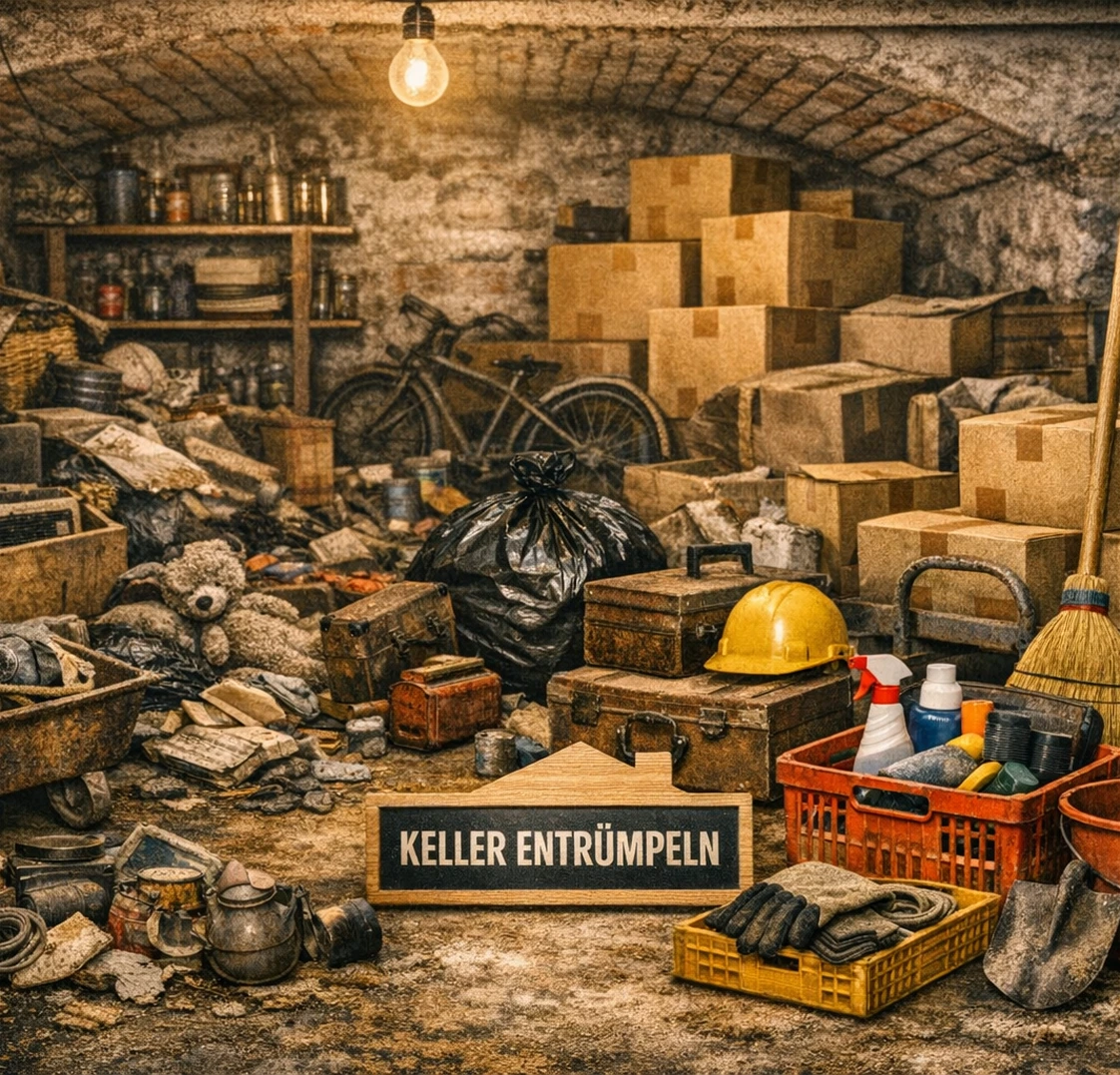 Kellerräumung und Entrümpelung mit alten Gegenständen, Werkzeugen und Kartons