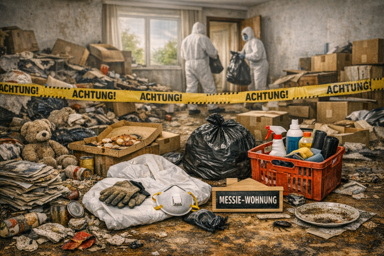 Entrümpelung einer stark verschmutzten Messie-Wohnung mit Schutzkleidung und Reinigungsausrüstung