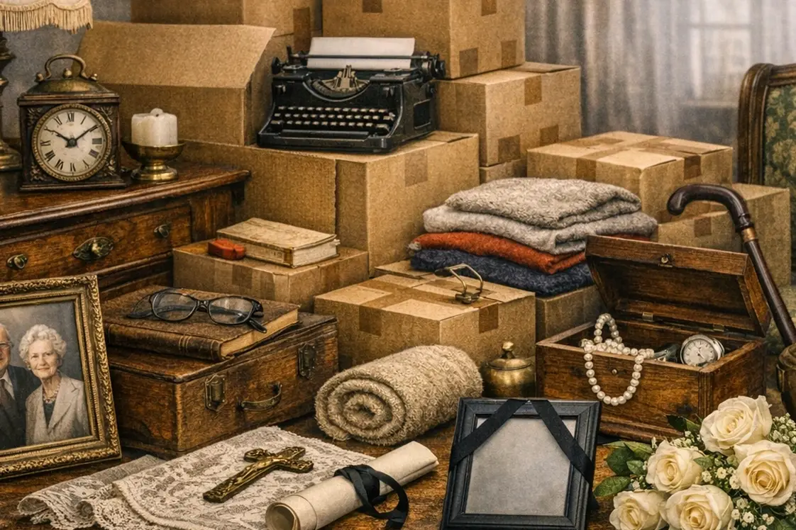 Verlassenschaftsräumung mit Kartons, Erinnerungsstücken und geordneter Wohnungsräumung