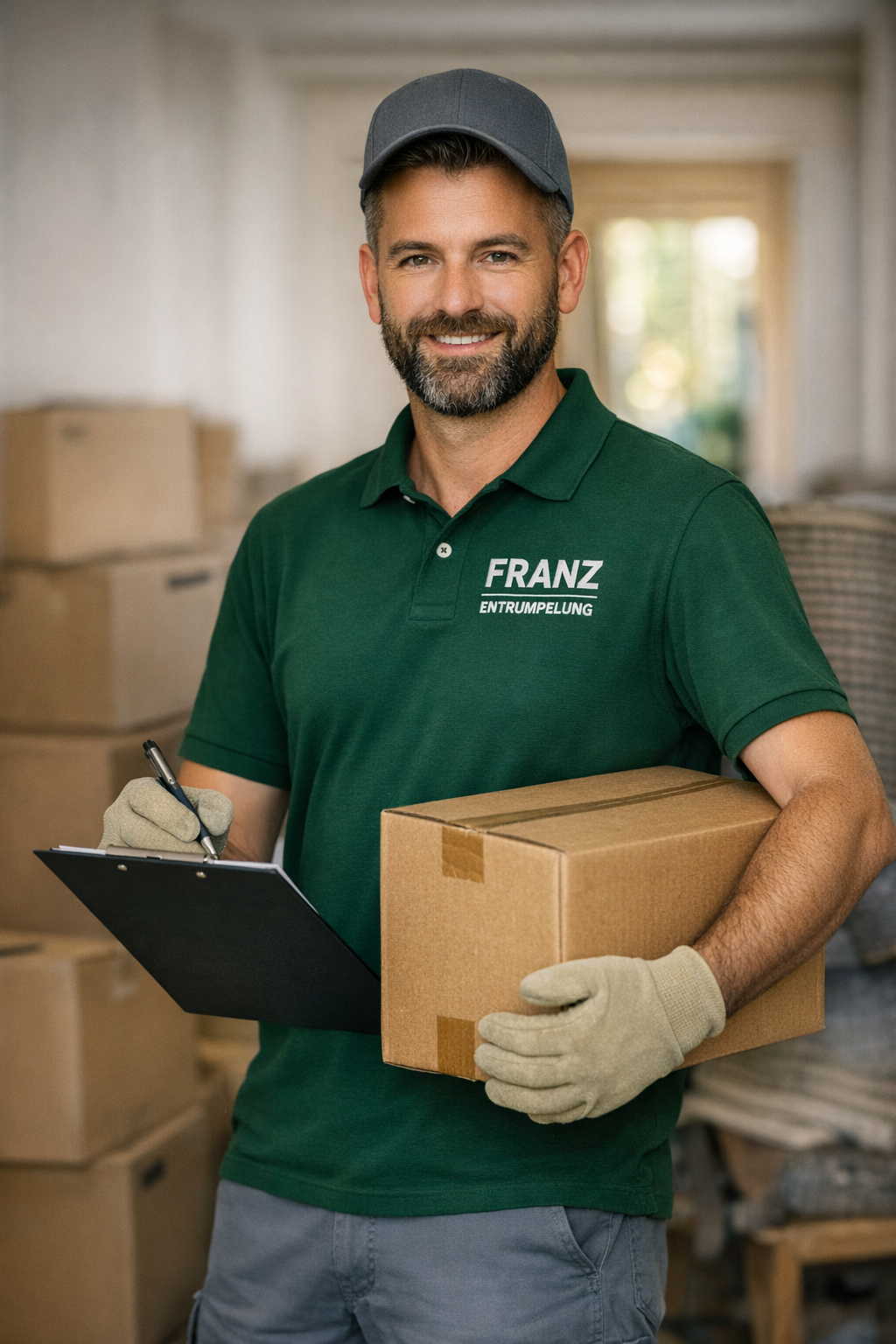 Mitarbeiter von Franz Entrümpelung mit Karton und Checkliste neben Kontaktformular