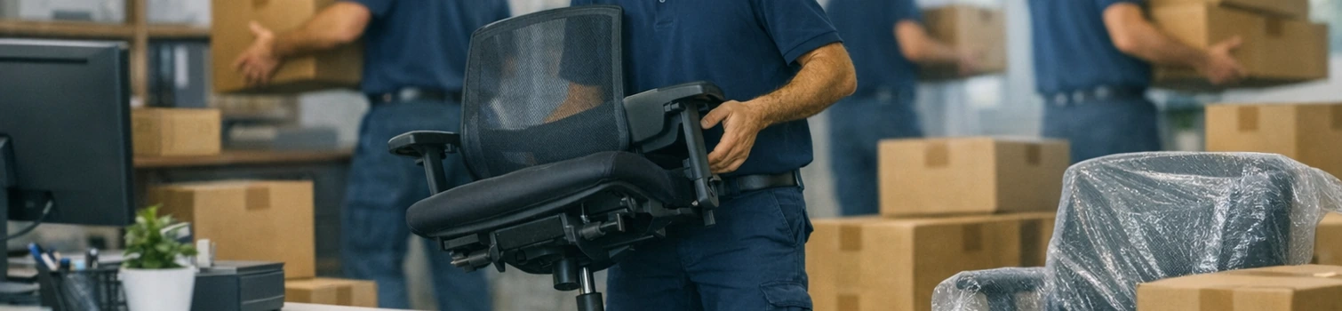 Professionelles Team bei einer Betriebsauflösung mit Büromöbeln, Kartons und geordneter Arbeitsweise
