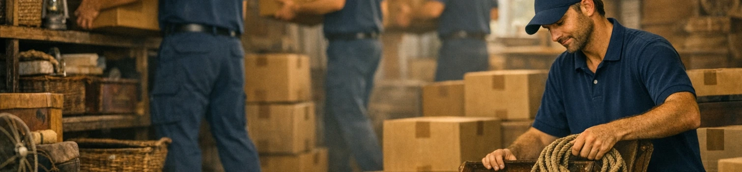 Professionelles Team bei einer Dachbodenentrümpelung und Räumung mit Kartons, Koffern und geordneter Arbeitsweise