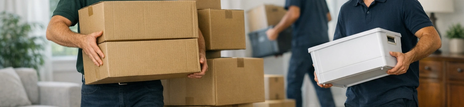 Professionelles Team bei einer Entrümpelung und Räumung in einer hellen Wohnung mit Kartons und sauberer Arbeitsweise