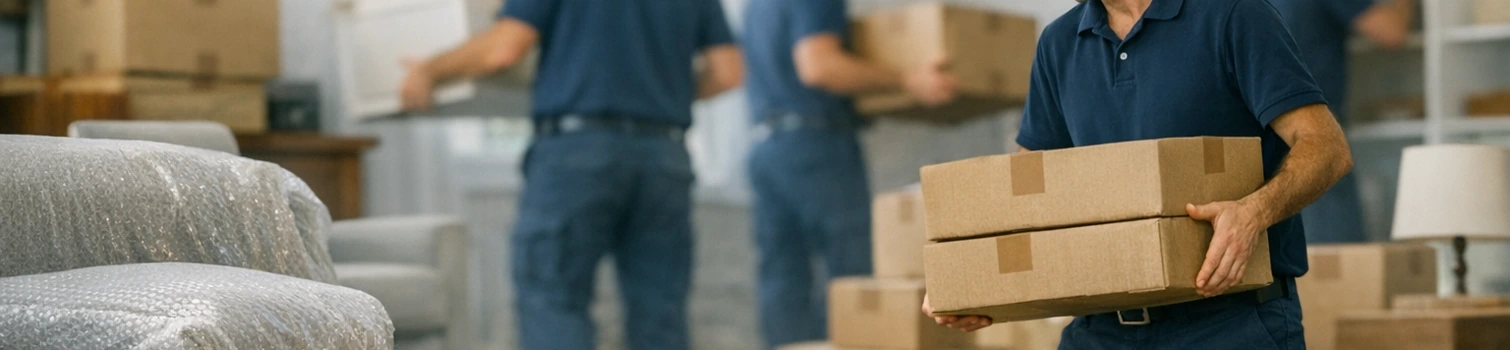 Professionelles Team bei einer Wohnungsentrümpelung und Wohnungsauflösung mit Kartons, Möbeln und geordneter Arbeitsweise